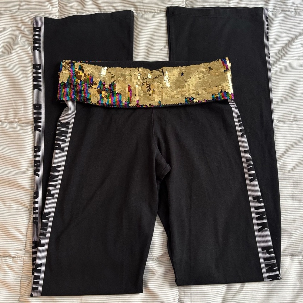 Vintage VS PINK Low Rise Sparkly Foldover Flare Yoga Pants Leggings Small